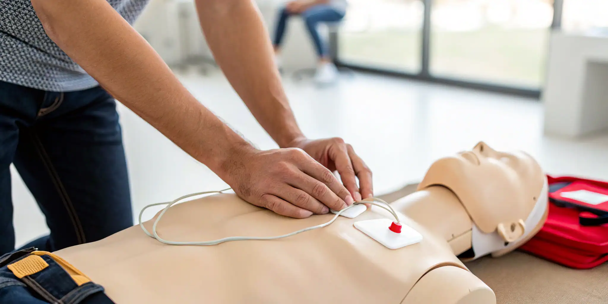 Applying AED pads to a training manikin under an AED medical direction program.