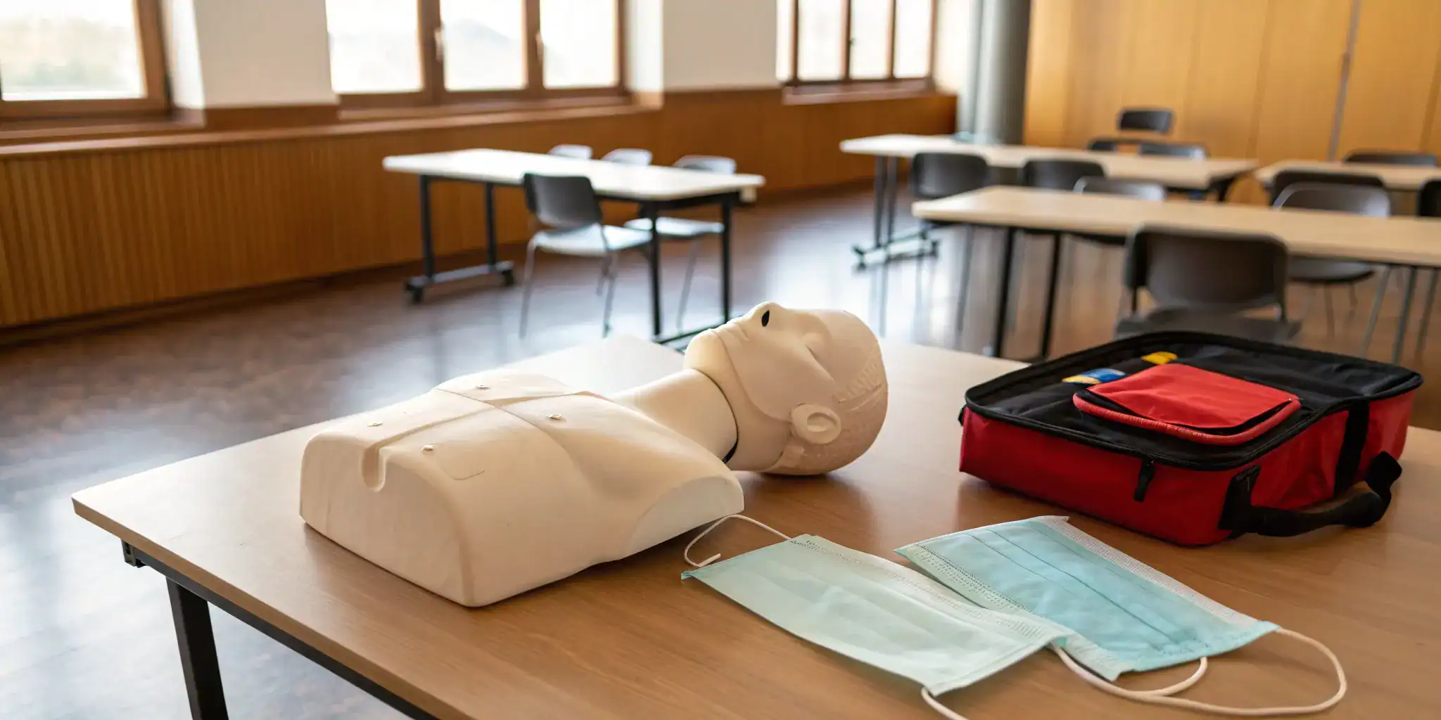 CPR manikin and first aid supplies ready for a formal emergency training course.