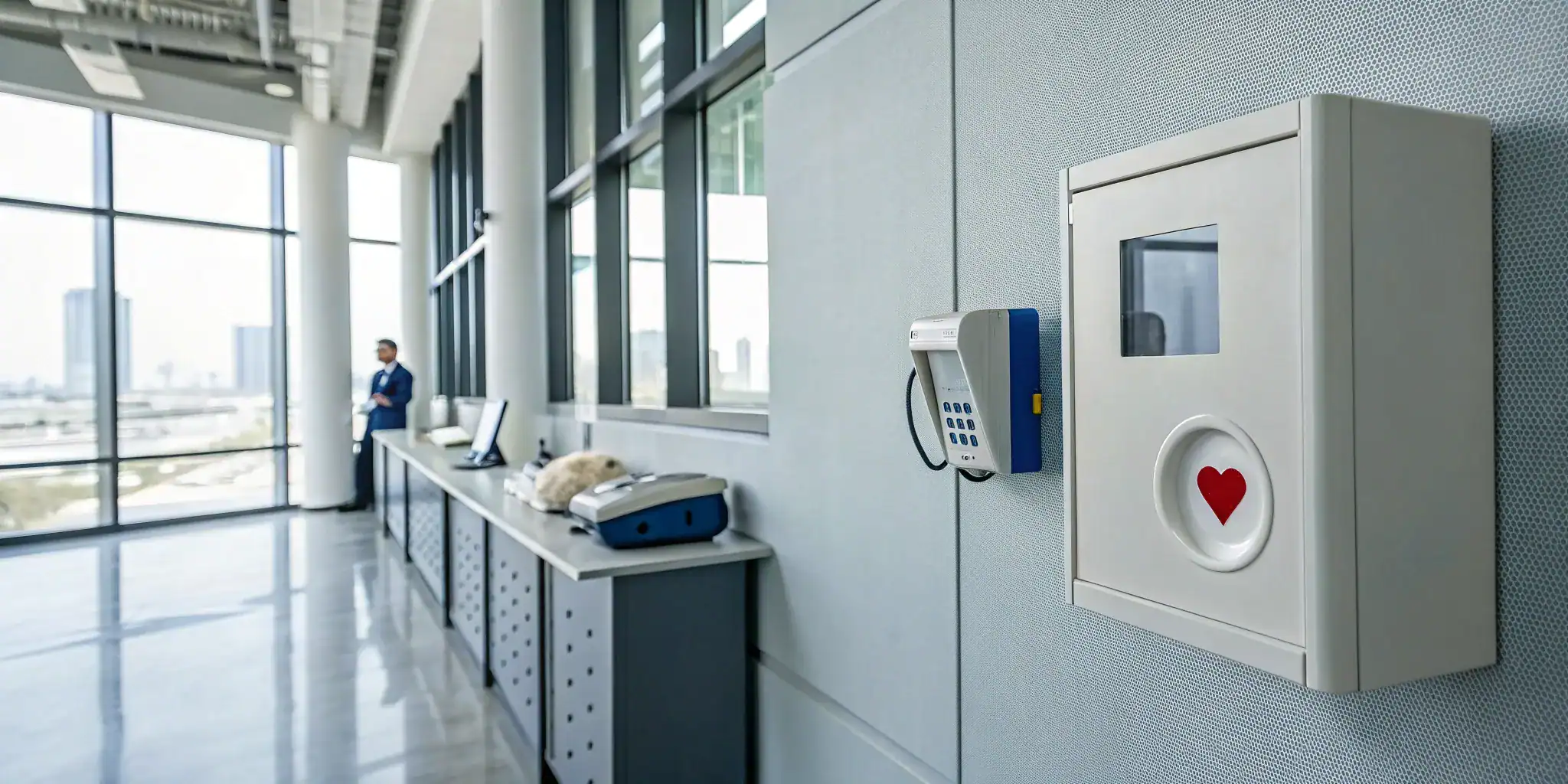 Workplace AED rental services with a defibrillator unit mounted on an office wall.
