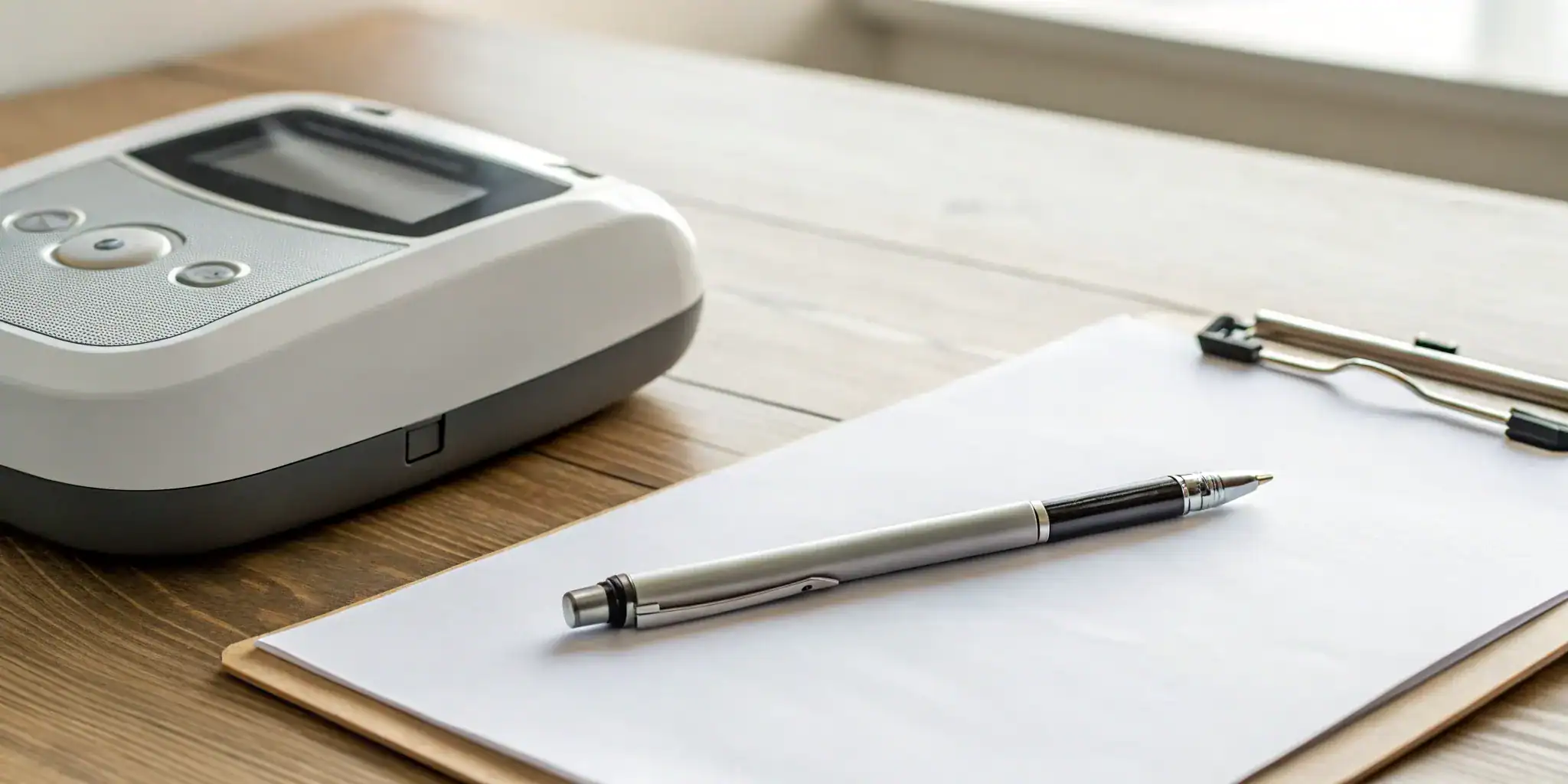 An AED on a desk with a clipboard for breaking down the cost of medical oversight.
