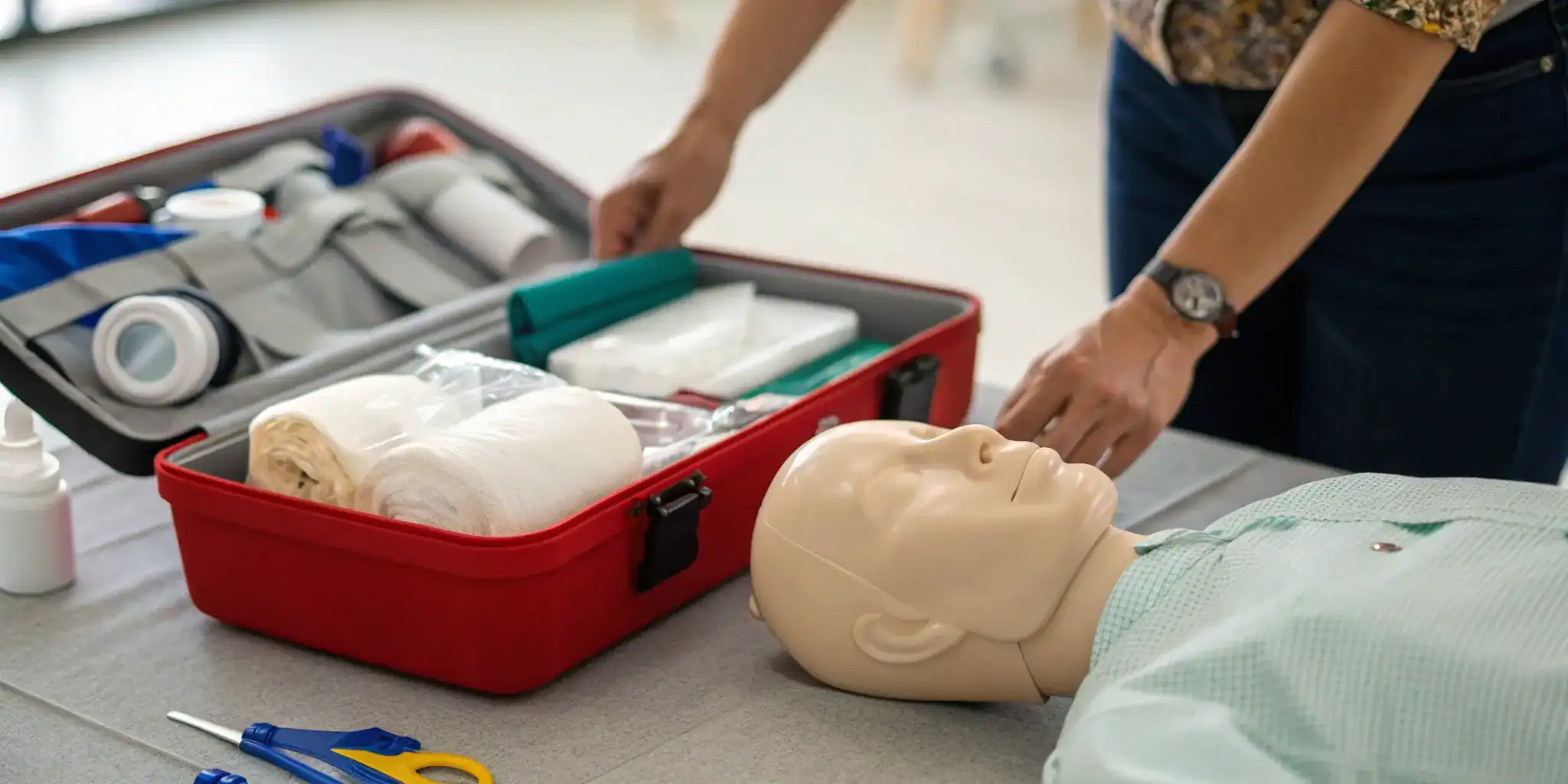 A CPR mannequin and first aid kit for a staff training session.