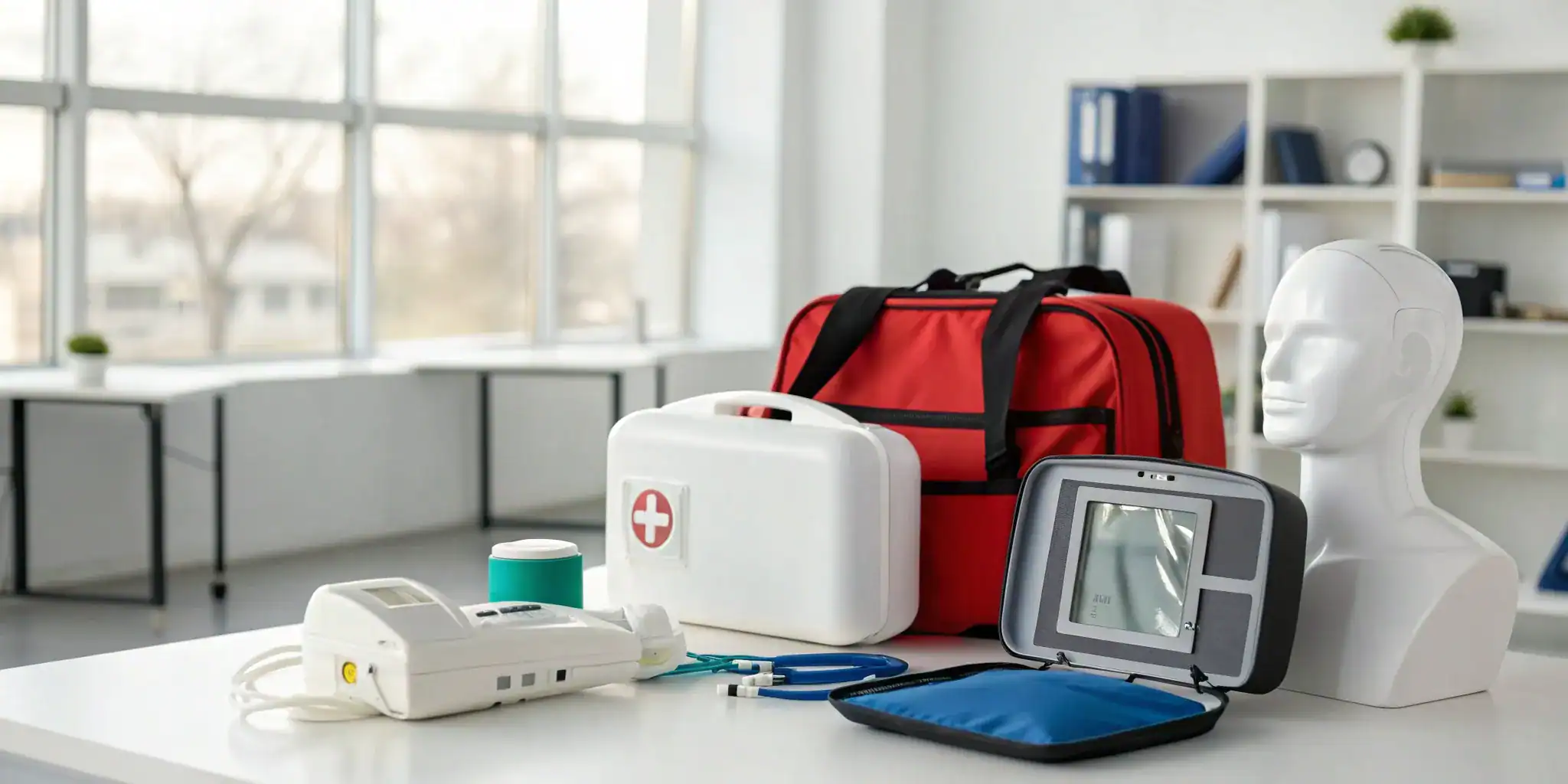Corporate first aid and CPR class setup with a manikin, AED, and first aid kit.