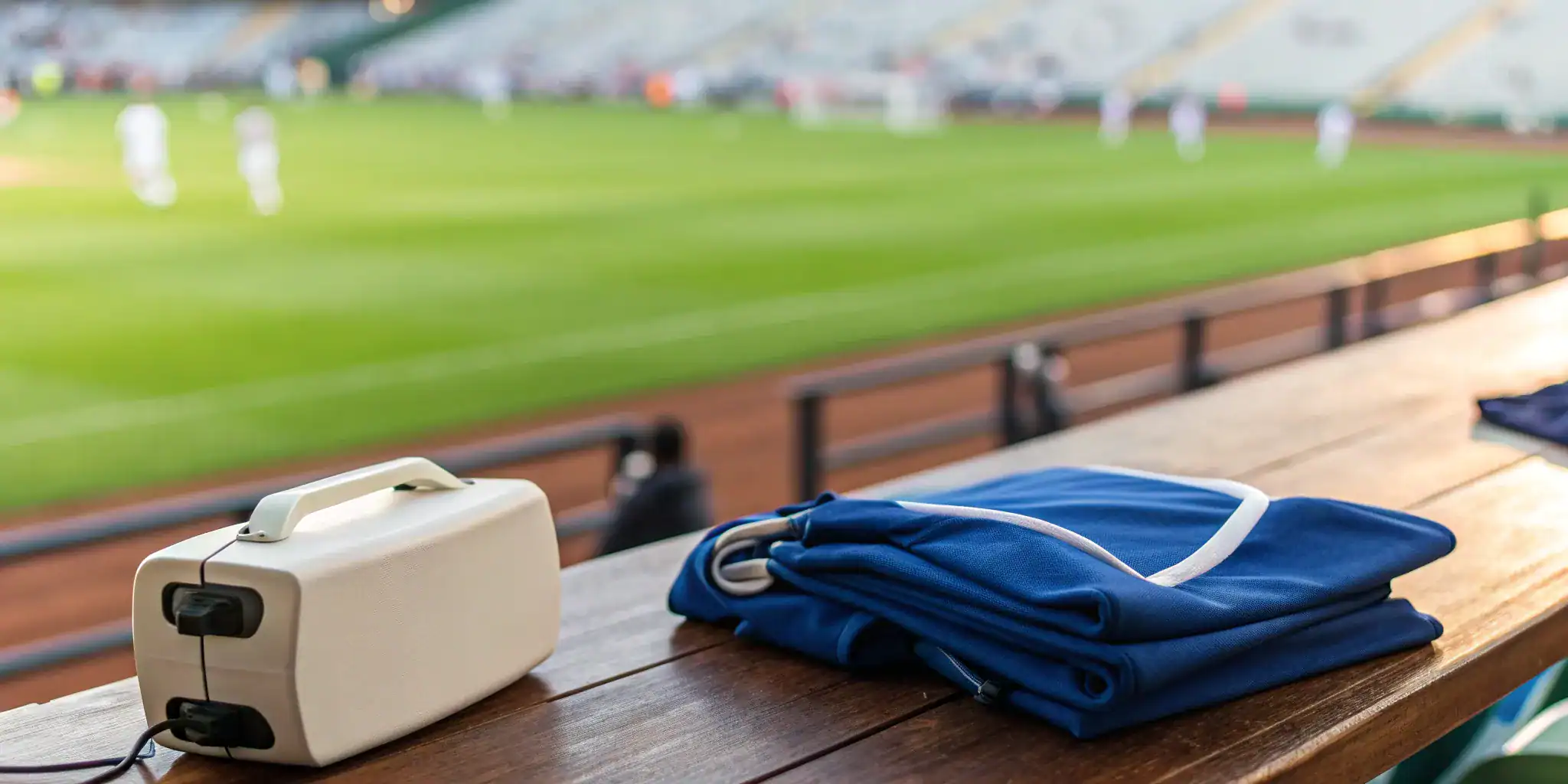 An AED rental for a sporting event on a table with blue team jerseys.