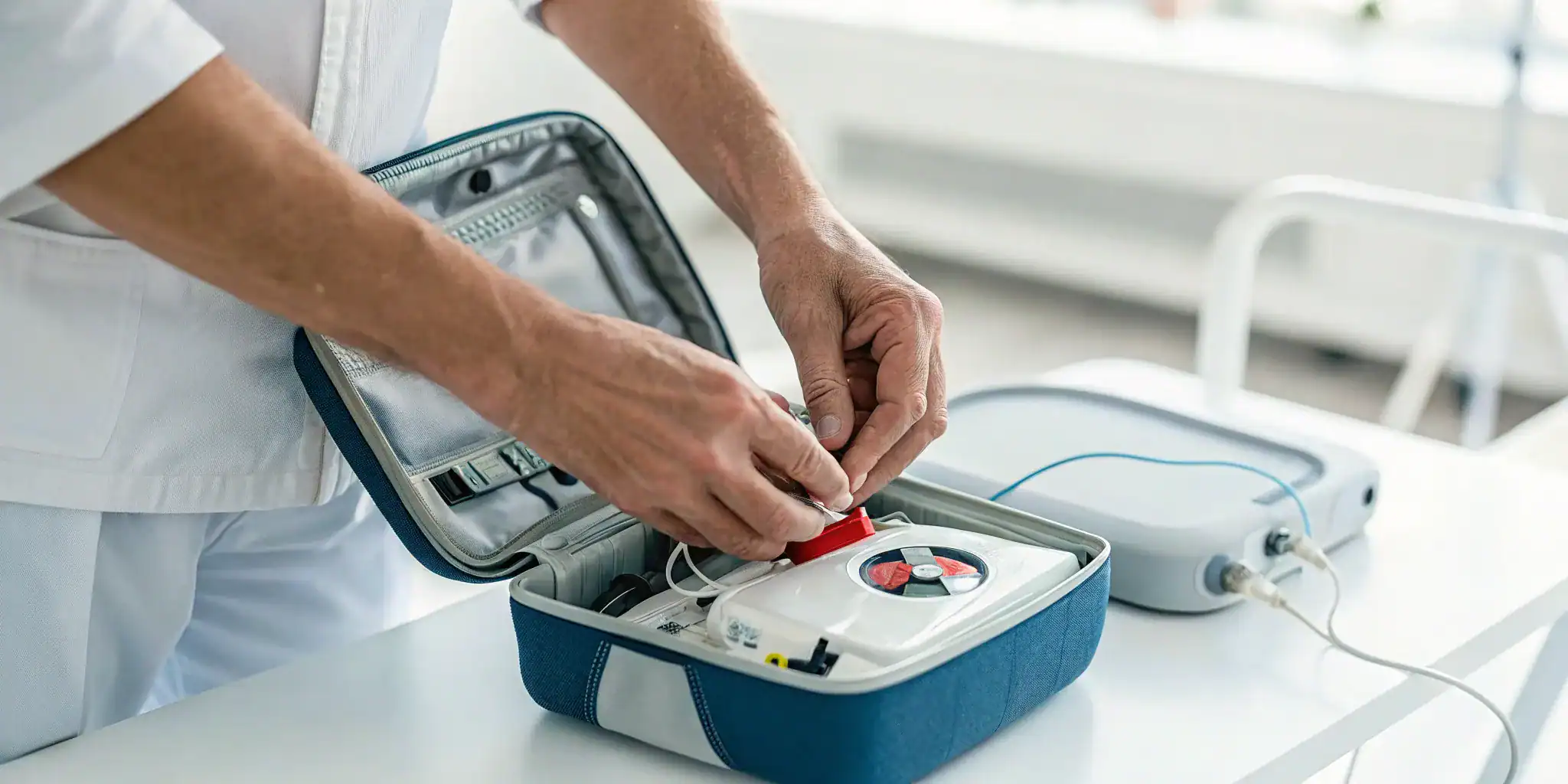 A technician checking an AED as part of a readiness management service.