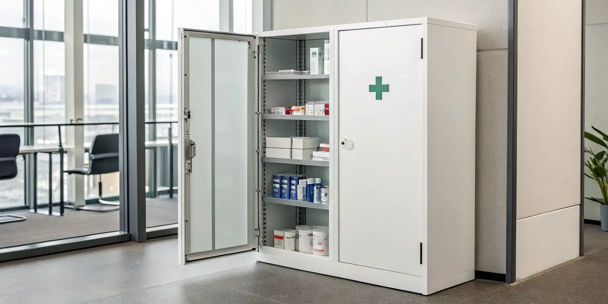 A workplace ANSI first aid cabinet with required safety supplies.