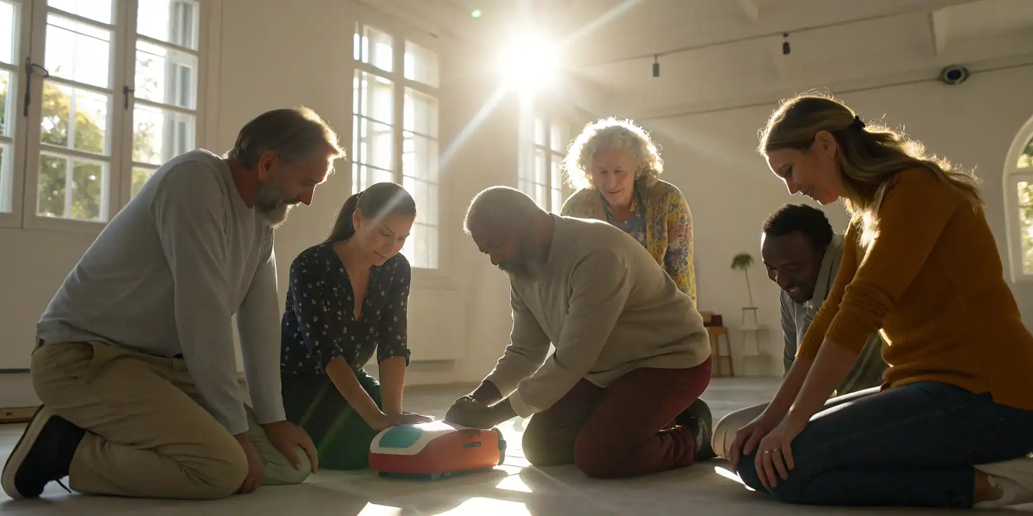 Non-profit staff learning CPR and how to use a free AED from a grant program.