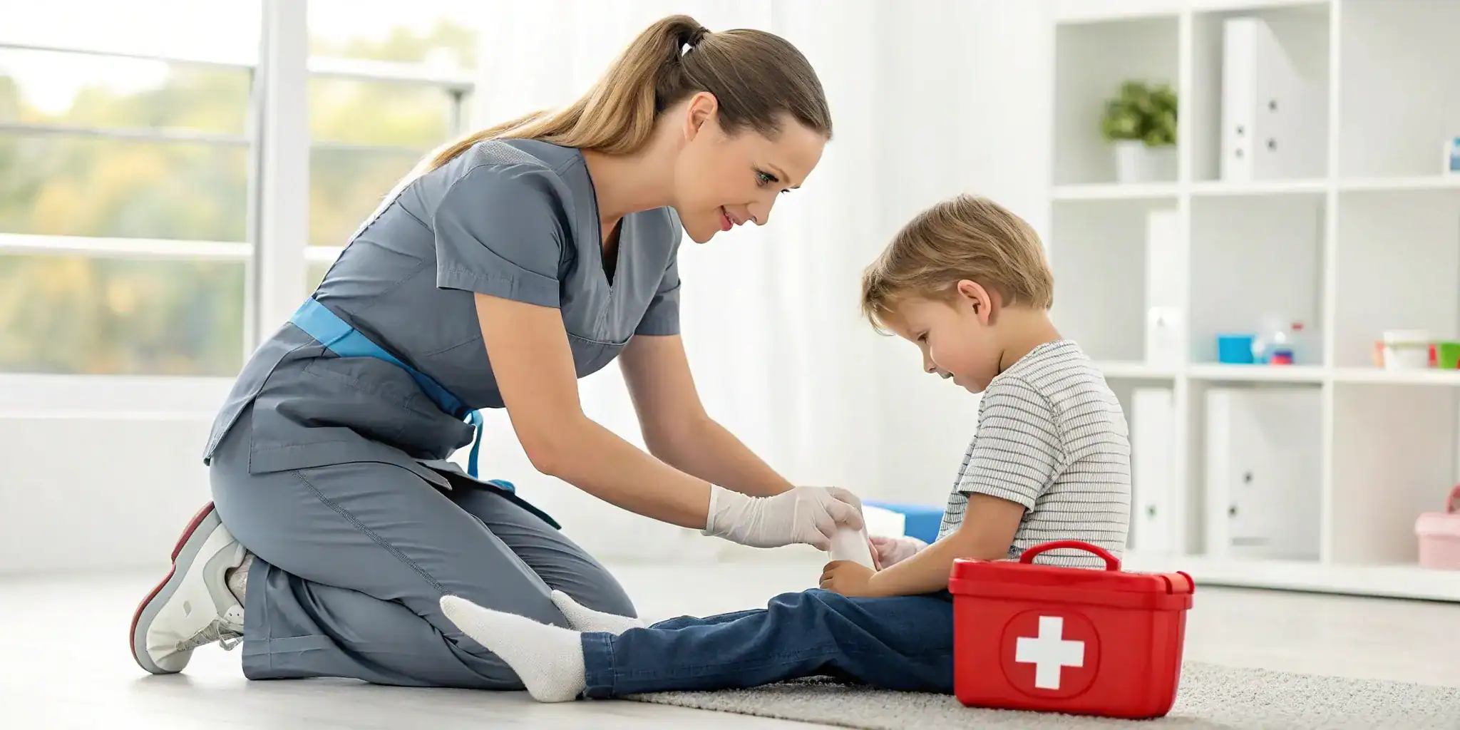 Child care worker using first aid training to apply a bandage to a child.