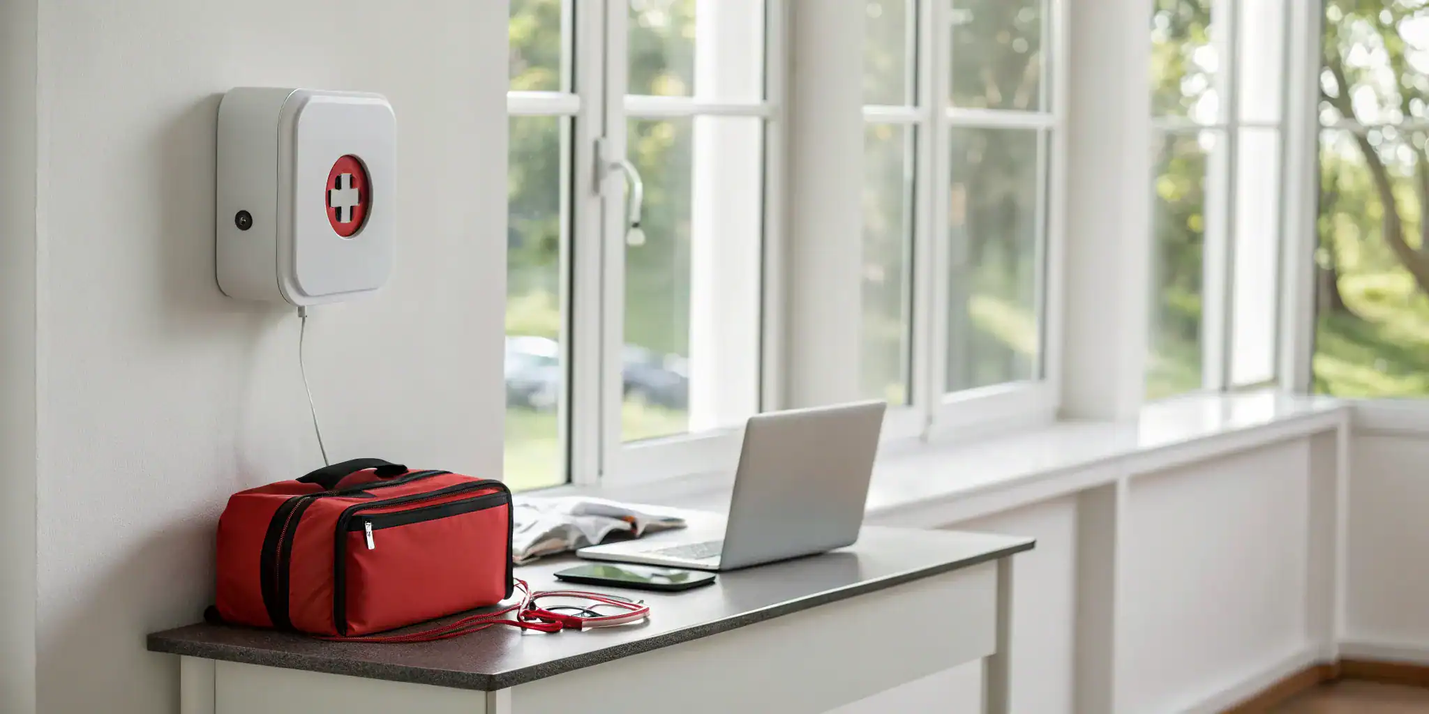 An office AED and first aid kit available through a long term AED rental plan.