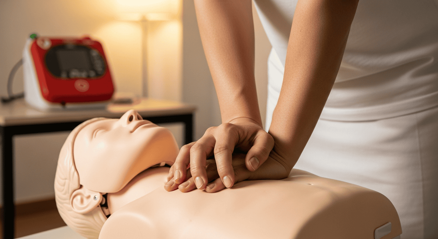 Hands performing chest compressions on a CPR manikin during certification training