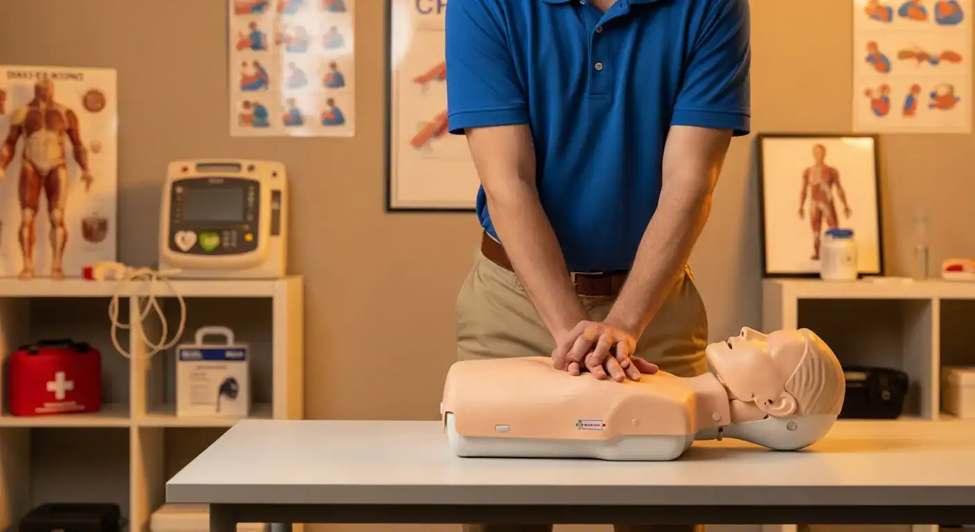 CPR instructor demonstrating proper chest compression technique on training mannequin in classroom