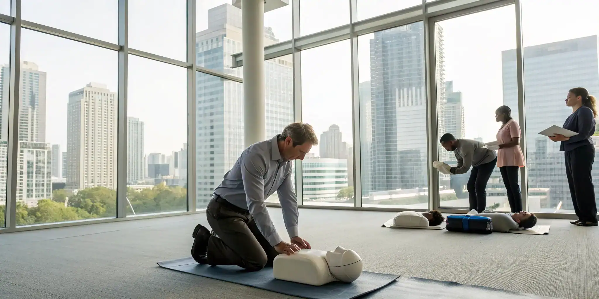 Group of employees practicing CPR during a first aid training course.