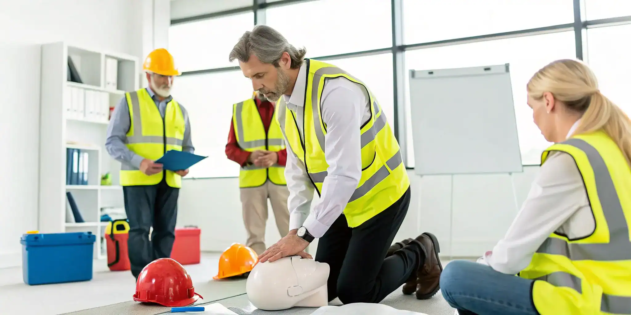Onsite first aid training company teaching employees CPR with a practice manikin.