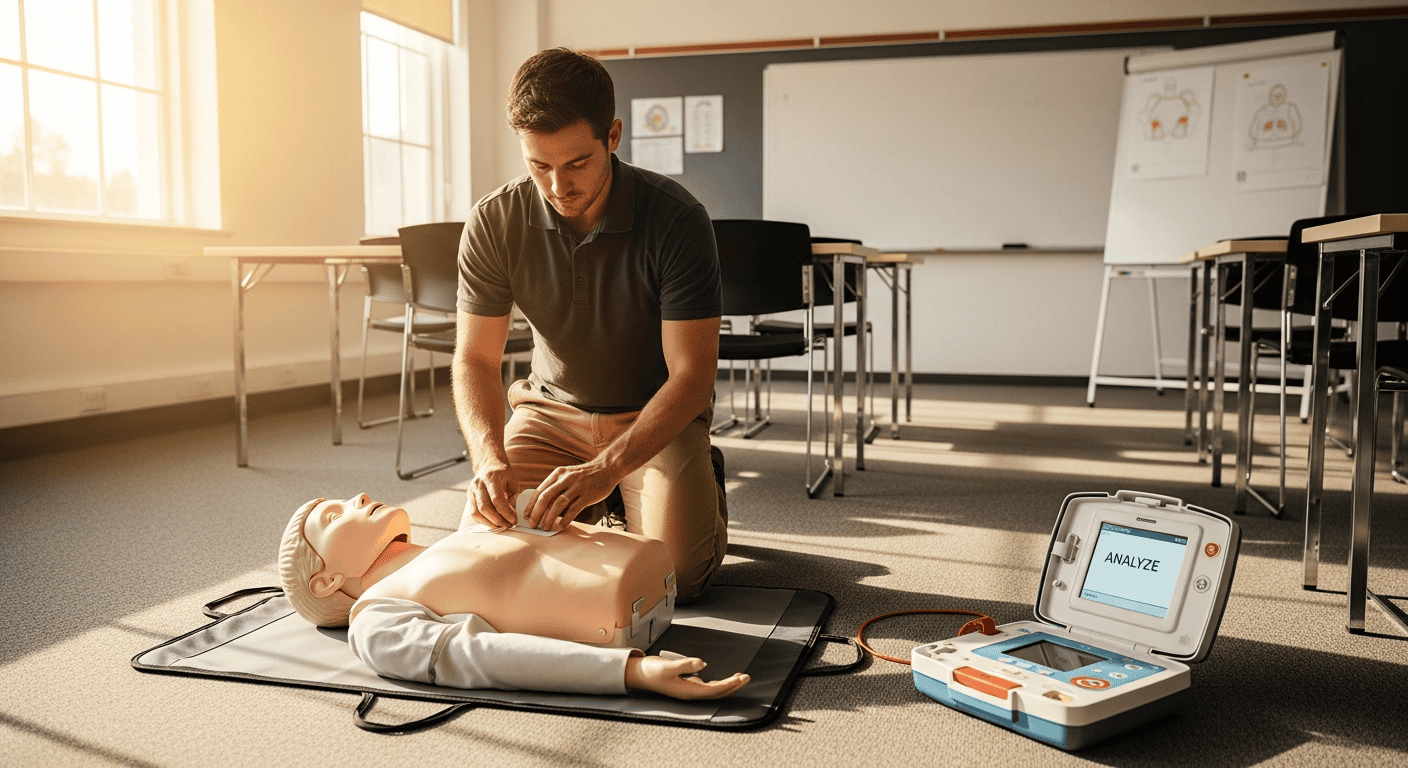 How to use an AED — rescuer placing electrode pads on a training mannequin during AED training
