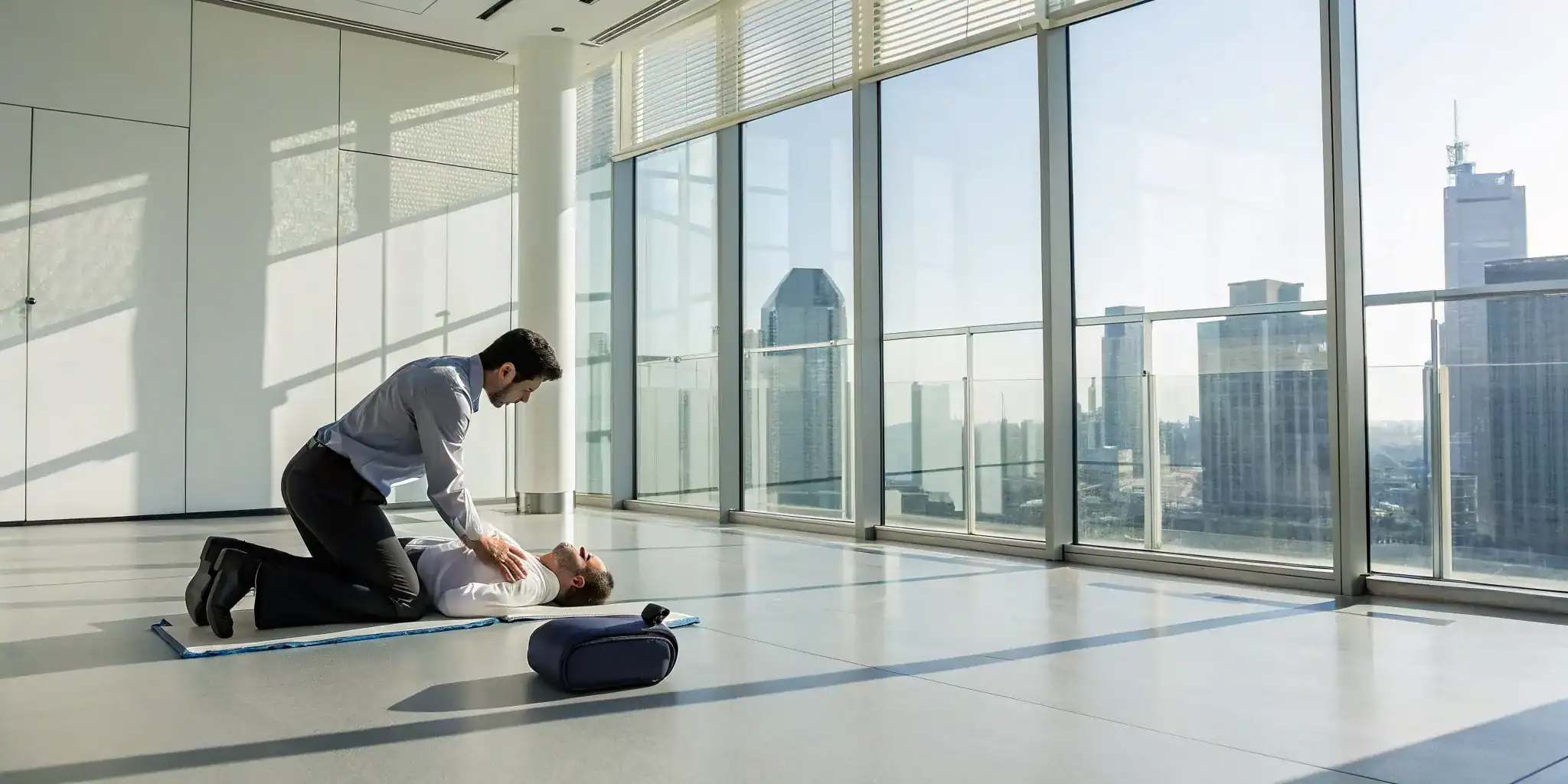 An employee practices CPR to meet OSHA first aid training requirements for the workplace.