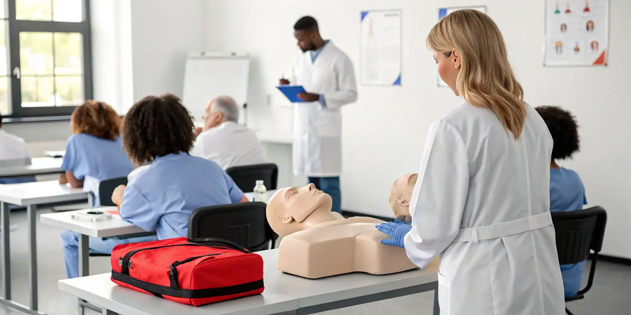 Students learning hands-on skills in a pediatric first aid CPR class using training manikins.