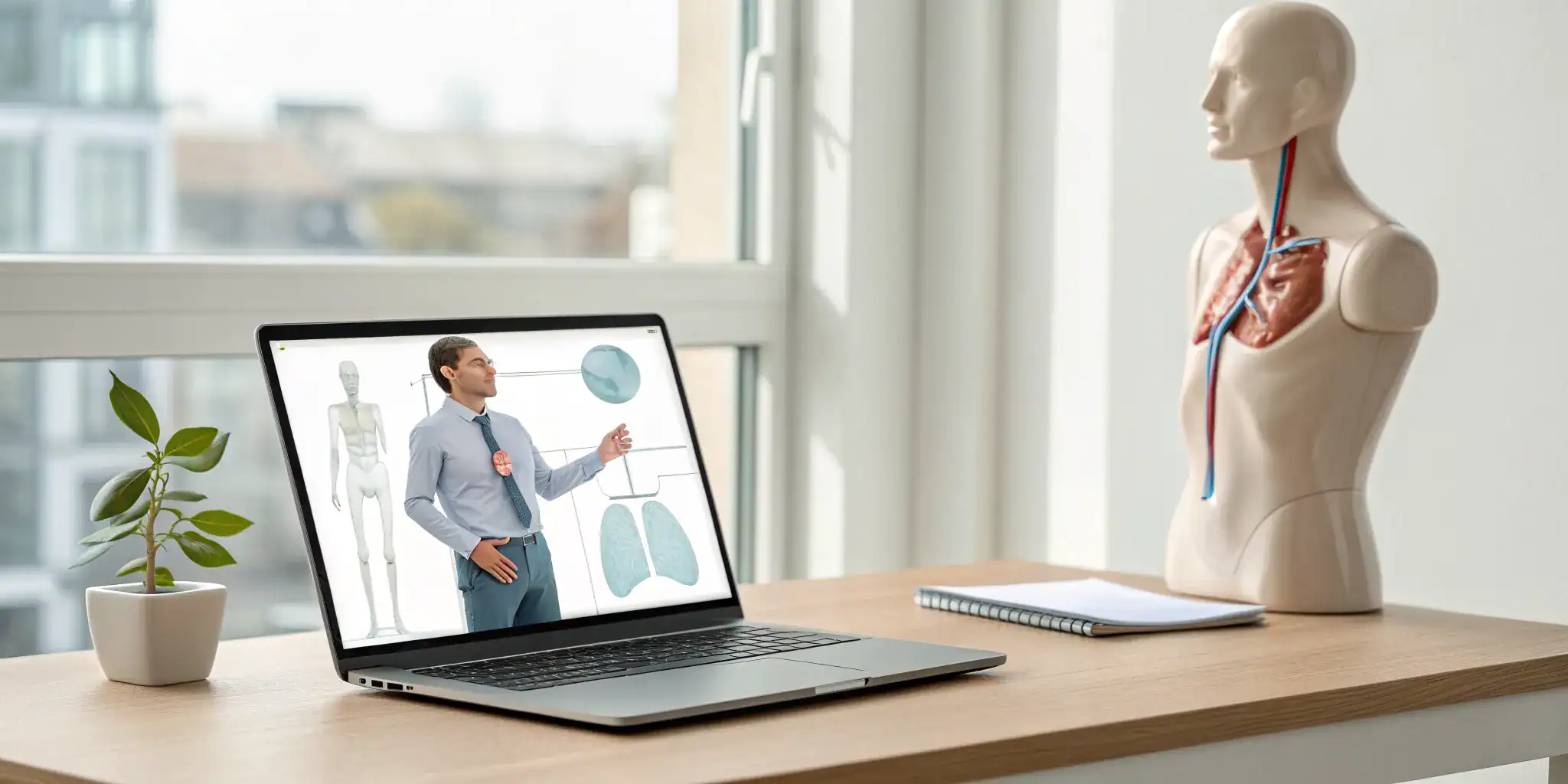 Online training for choking and aspiration prevention on a laptop with an anatomy model.