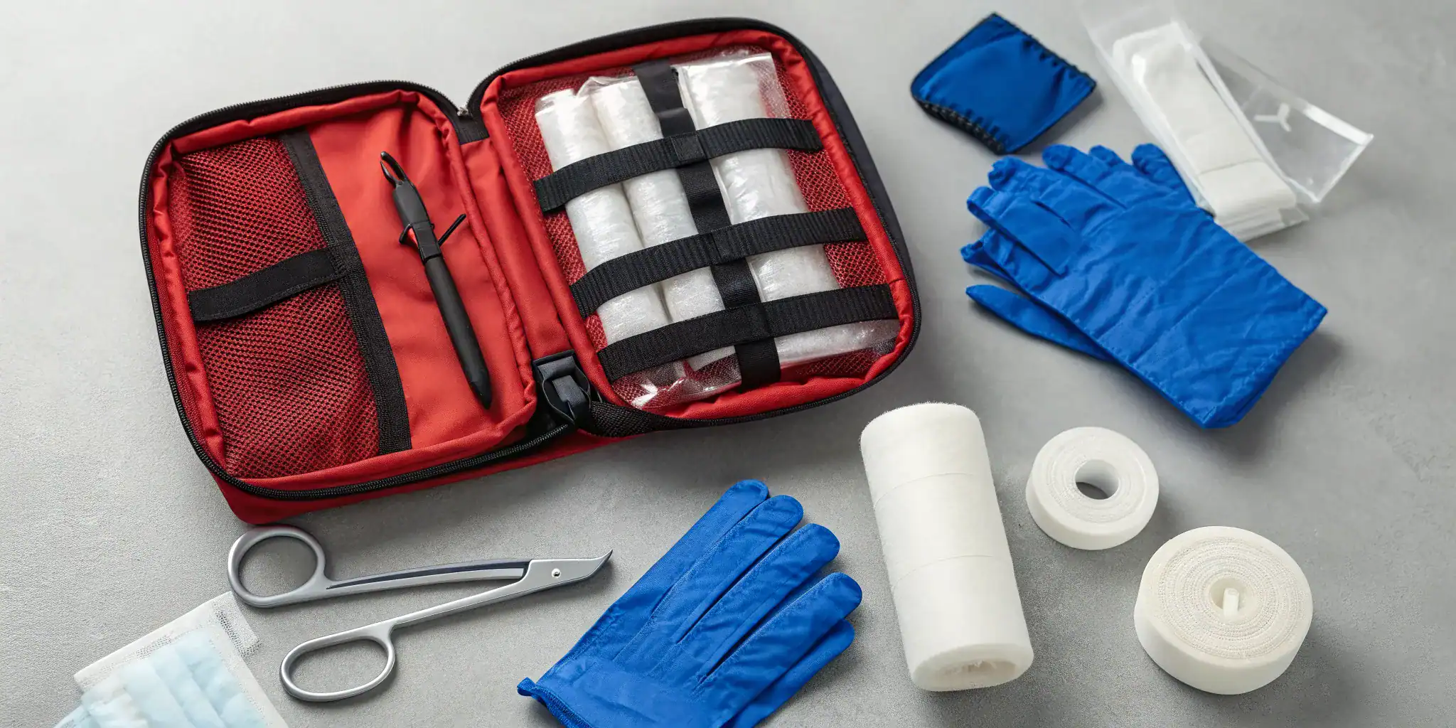 An open trauma and bleeding control kit with its essential life-saving supplies laid out.