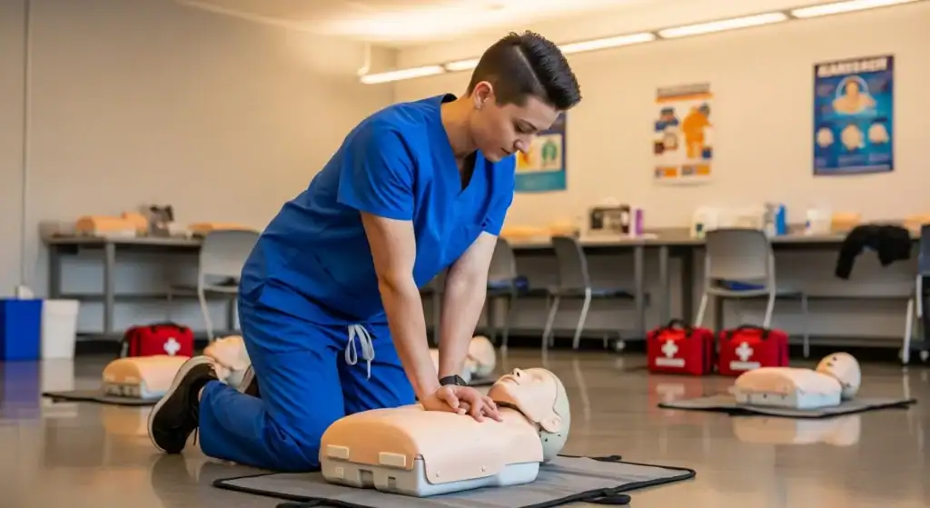 Healthcare provider practicing BLS chest compressions on a training manikin during a BLS certification course