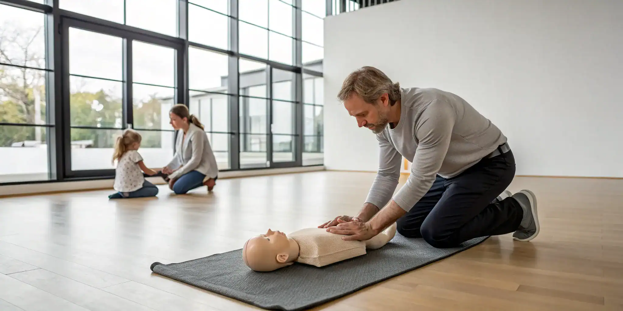 Adult practicing CPR on a child manikin during an infant and child CPR class.