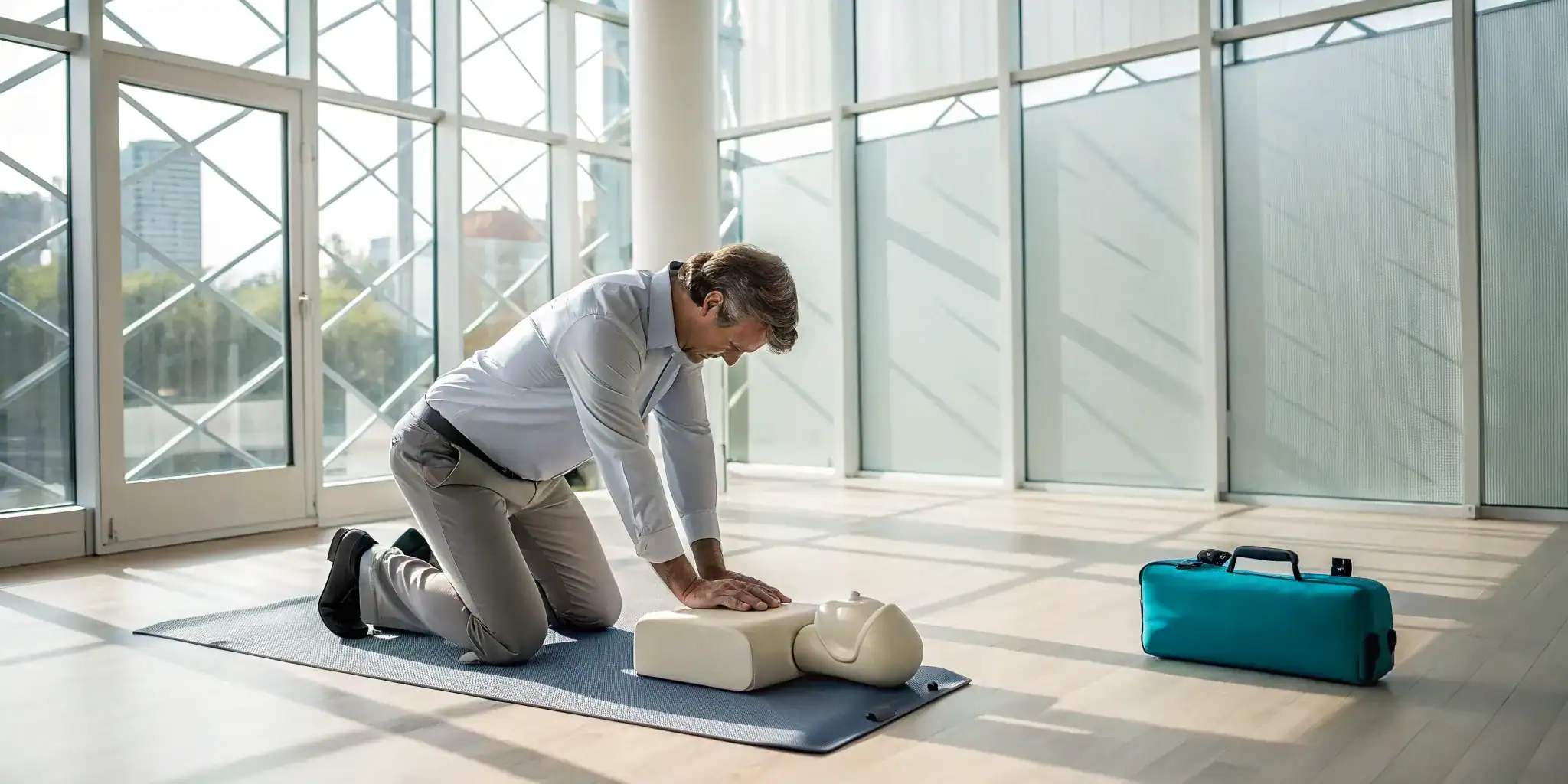Man practicing CPR on a manikin for his basic emergency life support renewal.