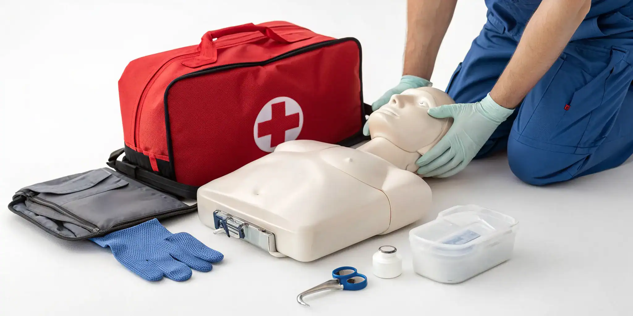 Mannequin and emergency kit used for OSHA certified first aid and CPR training.