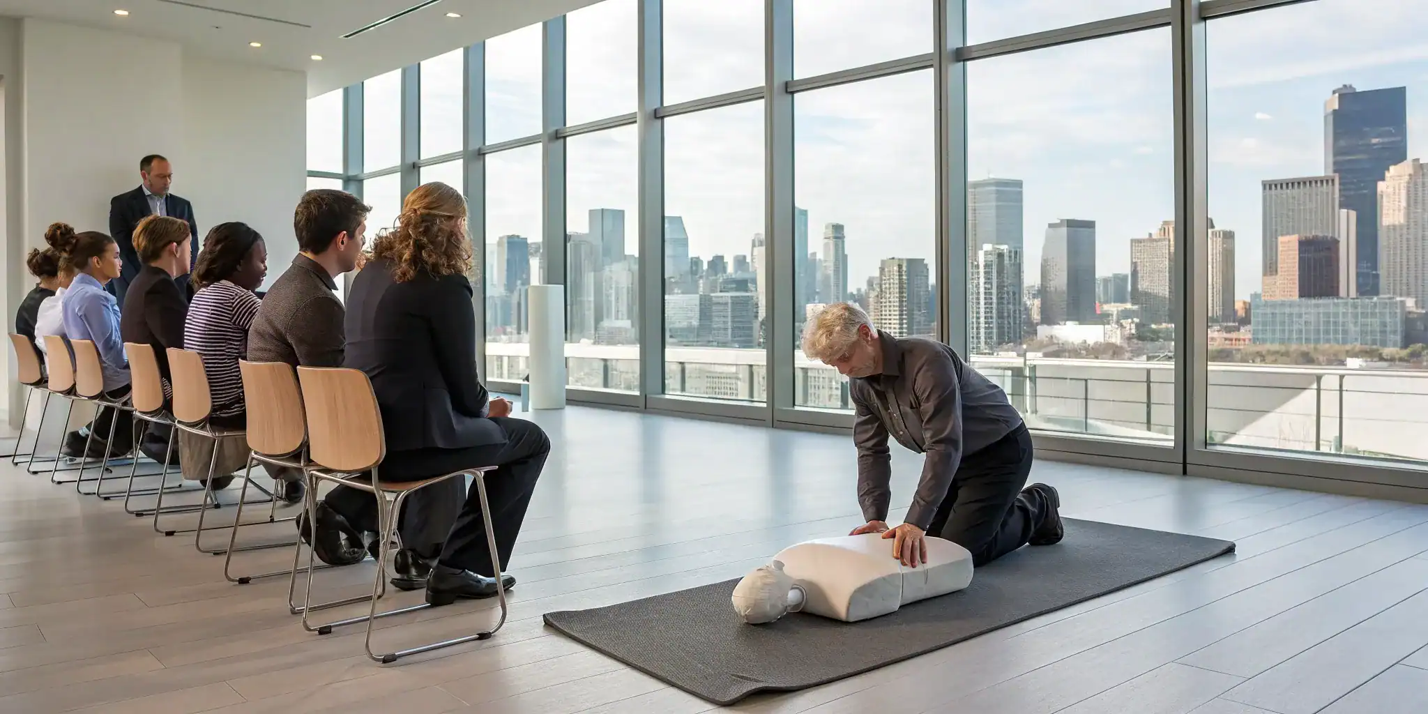 A qualified instructor gives first aid training to professionals from different organisations.