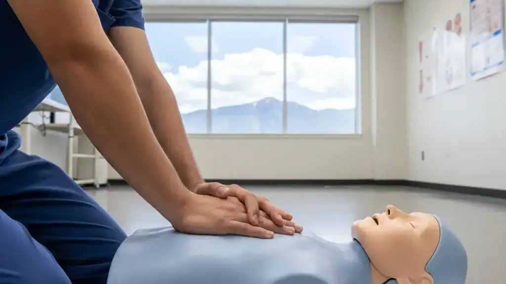 CPR instructor demonstrating proper chest compression depth and rate on a training manikin