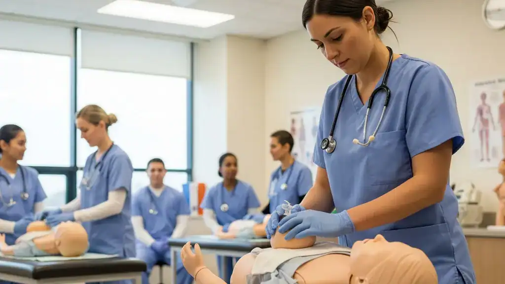 Healthcare providers practicing pediatric life support skills in a clinical training setting