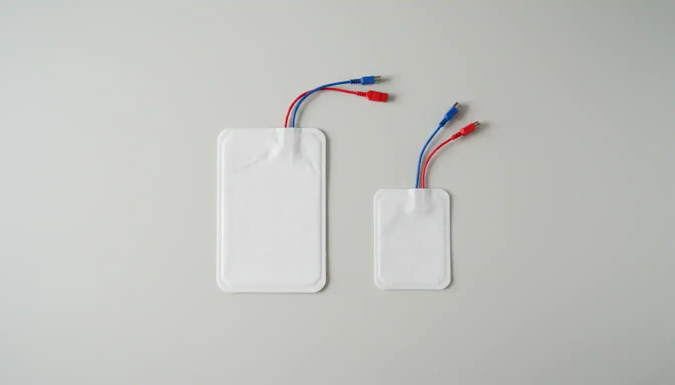 AED electrode pads for adult and child defibrillation, showing size comparison on a clinical surface